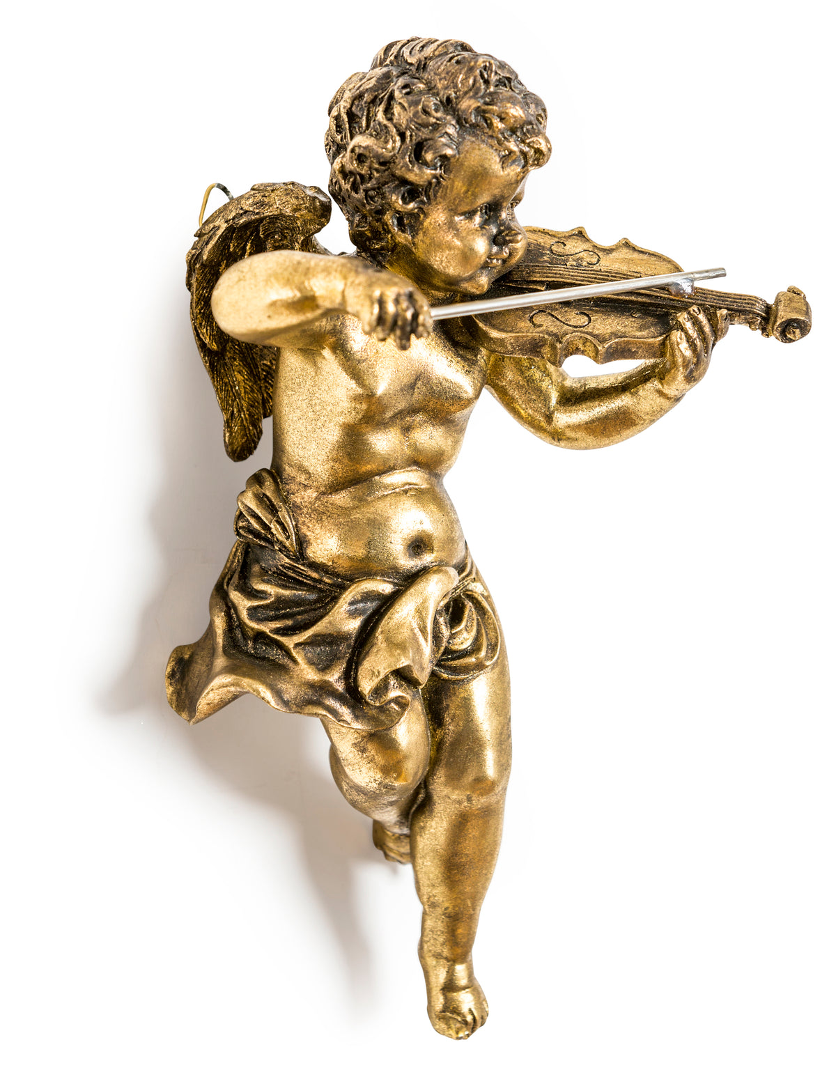 Gold musical cherub wall figure in gold antique finish.