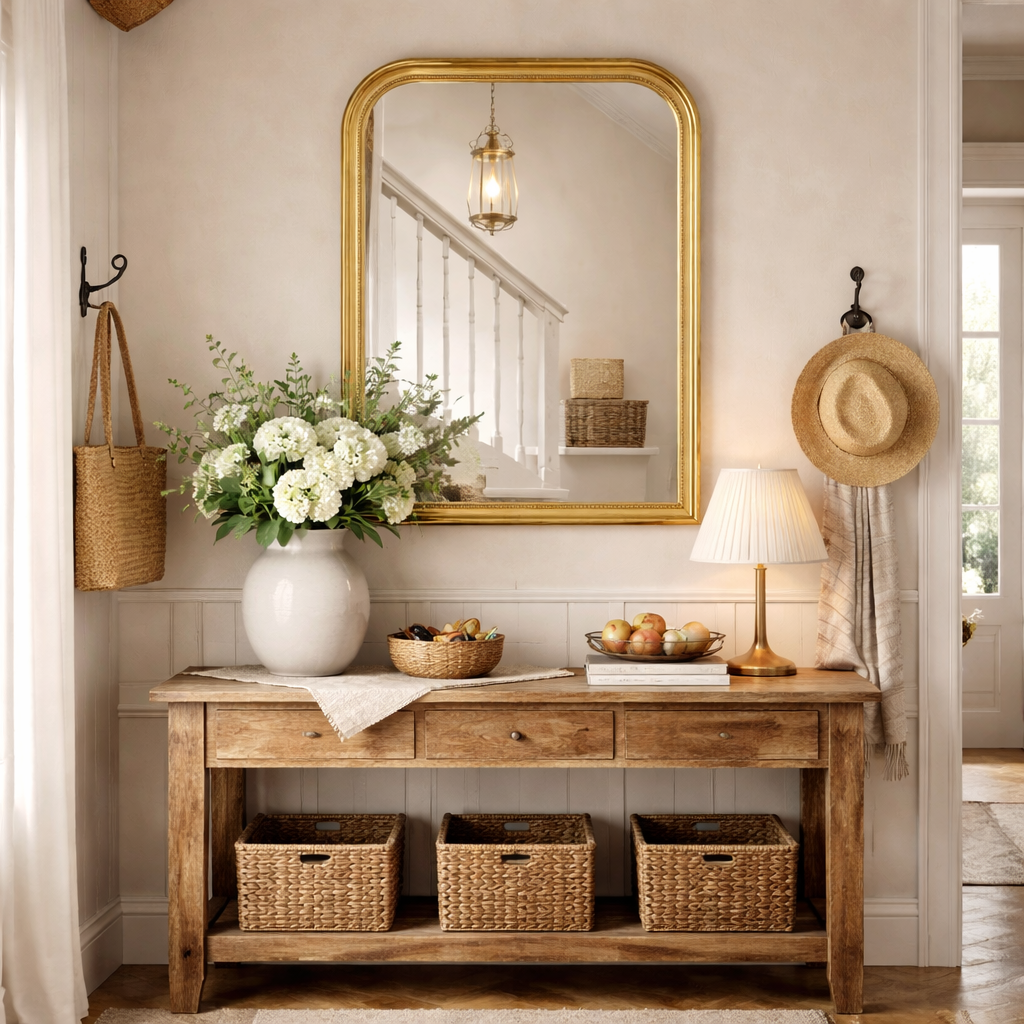 Gold arched overmantle beaded wall mirror  in a country house hallway