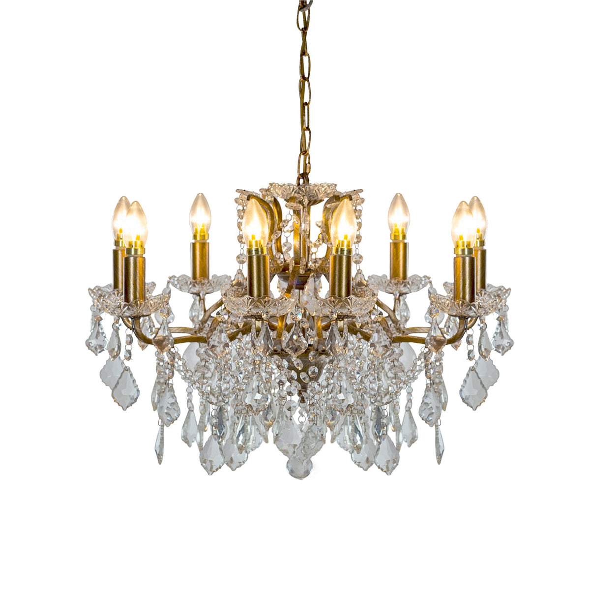 Shallow, crystal eight arm chandelier, the classic light covered in crystal drops perfect fixture or your period home. In a bedroom, hall or smaller living room this will give you all the light you need