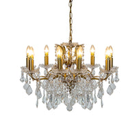 Shallow, crystal eight arm chandelier, the classic light covered in crystal drops perfect fixture or your period home. In a bedroom, hall or smaller living room this will give you all the light you need
