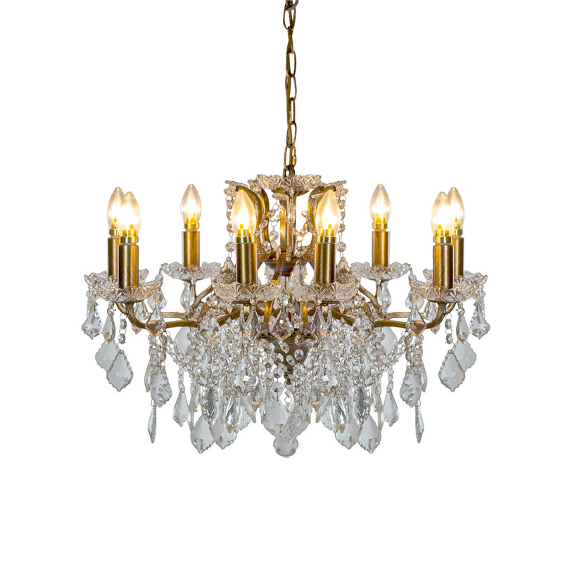 Shallow, crystal eight arm chandelier, the classic light covered in crystal drops perfect fixture or your period home. In a bedroom, hall or smaller living room this will give you all the light you need