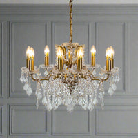 Shallow, crystal eight arm chandelier, the classic light covered in crystal drops perfect fixture or your period home. In a bedroom, hall or smaller living room this will give you all the light you need.