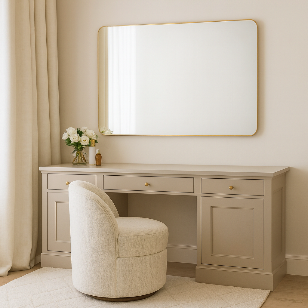 Over a simple beige vanity in a dressing room interior setting with white swivel chair.