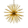 Small gold sunburst chandelier with brass metal rods forming a starburst shape, suspended from a chain.