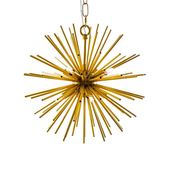 Small gold sunburst chandelier with brass metal rods forming a starburst shape, suspended from a chain.