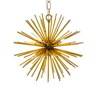 Small gold sunburst chandelier with brass metal rods forming a starburst shape, suspended from a chain.