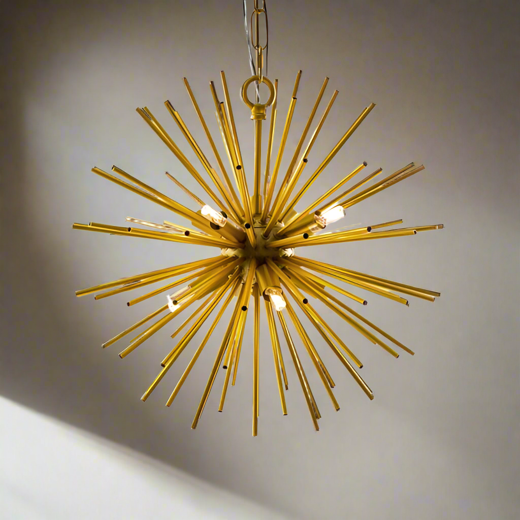 Small gold sunburst chandelier with brass metal rods forming a starburst shape, suspended from a chain.