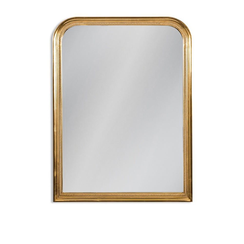 Gold beaded overmantle style mirror, classic shaped mirror, perfect over a fireplace, in a hall over a console, anywhere you want to light up. The bevelling on the glass will give the impression of space.


H: 110 cm W: 80 cm D: 3 cm