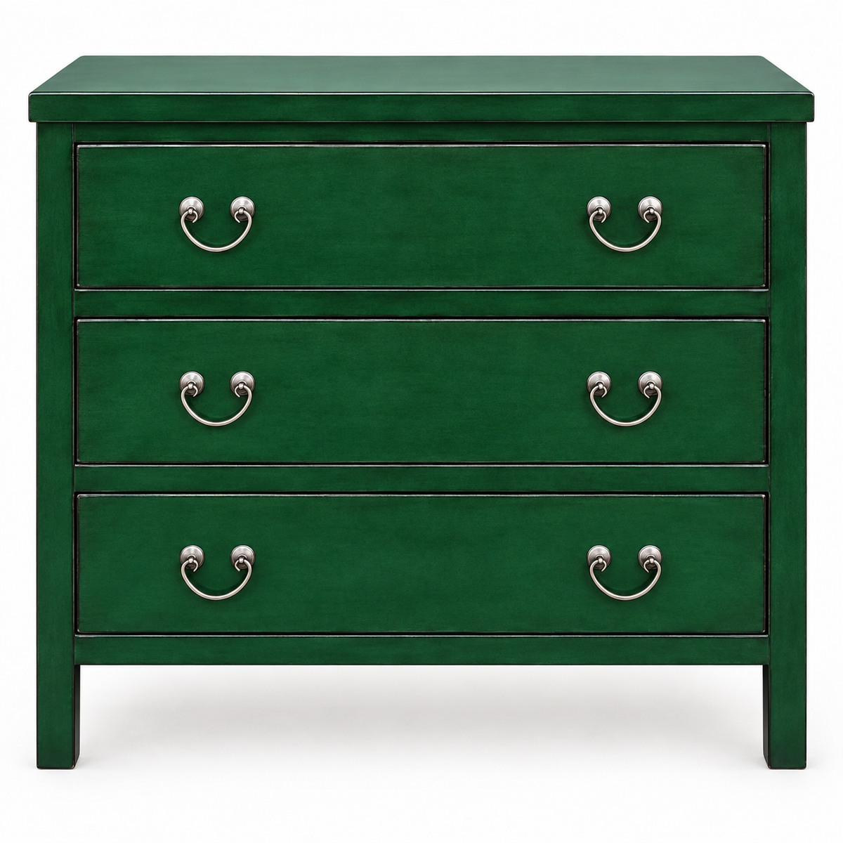 A three-drawer green dresser with silver metal ring drawer pulls.