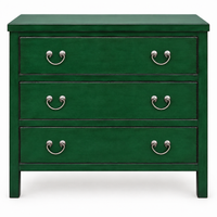 A three-drawer green dresser with silver metal ring drawer pulls.