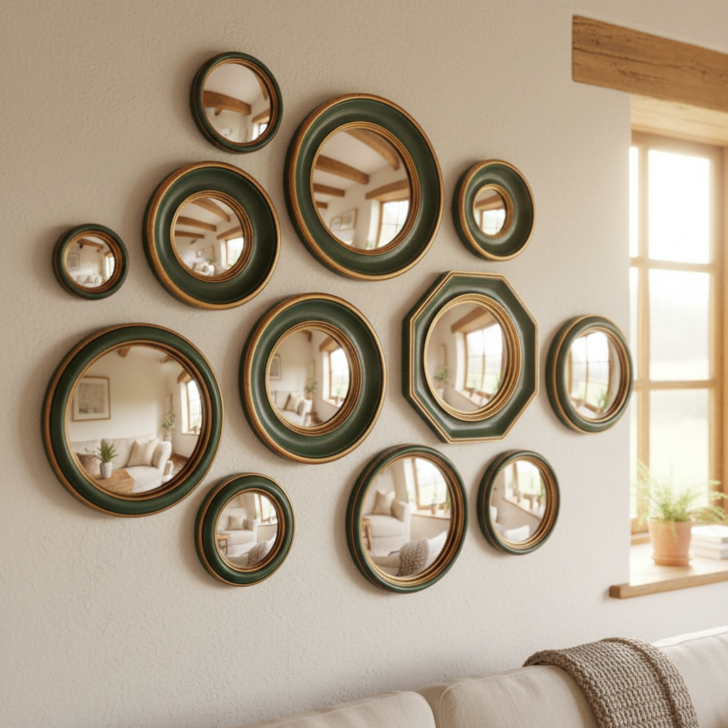 Mini convex Green & Gold framed mirrors which come in an assortment of sizes. This is a fantastic price and range which takes the headache out of creating your own wall