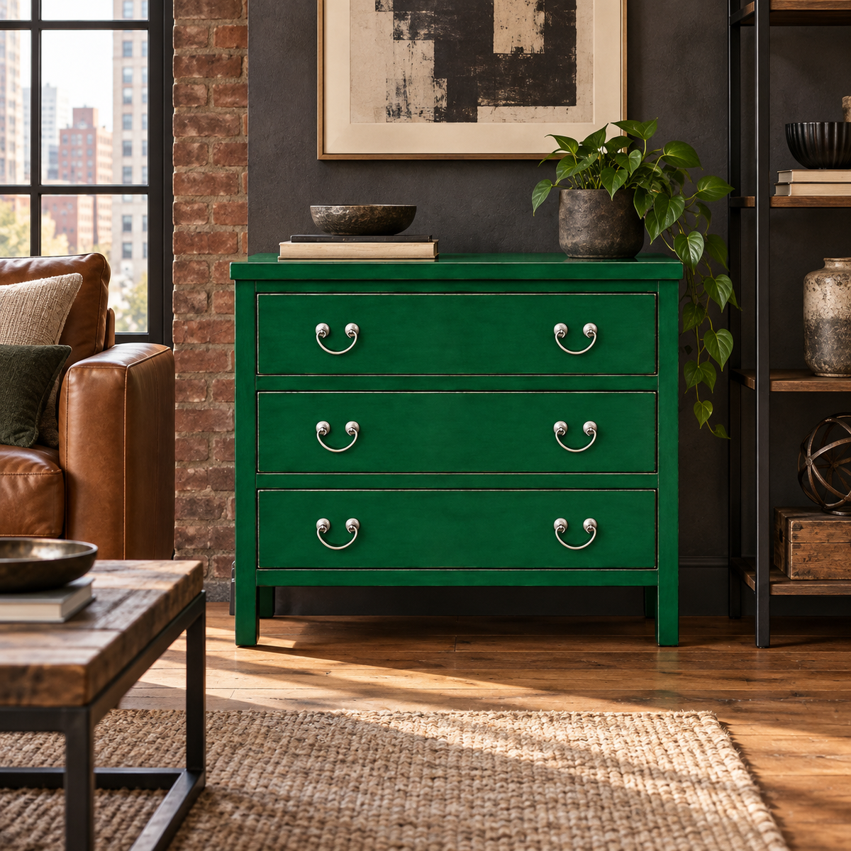 Emerald green lacquered chest of drawers with silver handles in a modern living room, featuring a brick wall and decorative plants.