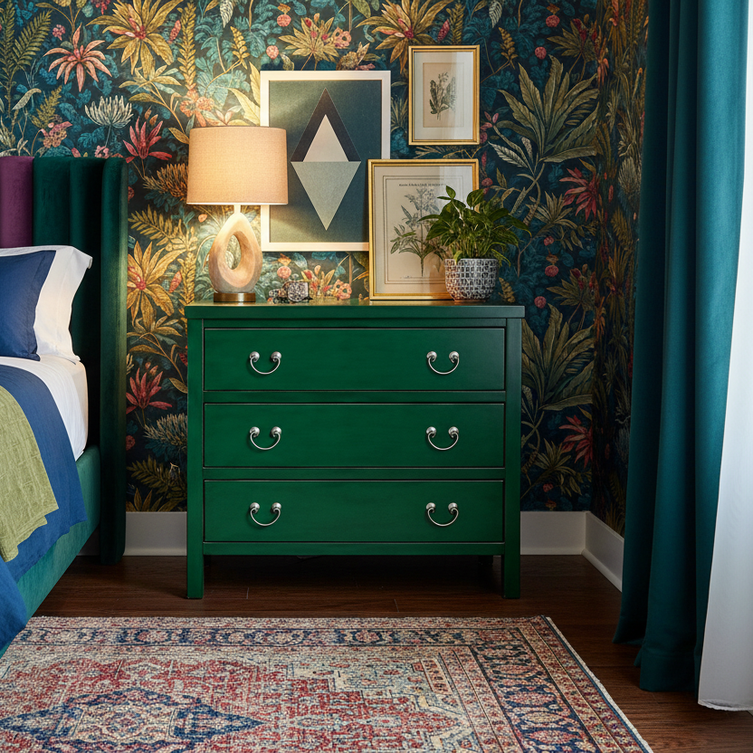 Emerald green lacquered chest of drawers with three spacious drawers and silver drop handles.  Ideal for stylish storage in living spaces.