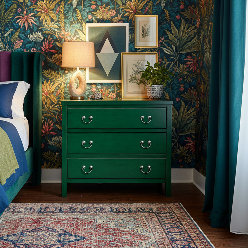 Emerald green lacquered chest of drawers with three spacious drawers and silver drop handles.  Ideal for stylish storage in living spaces.