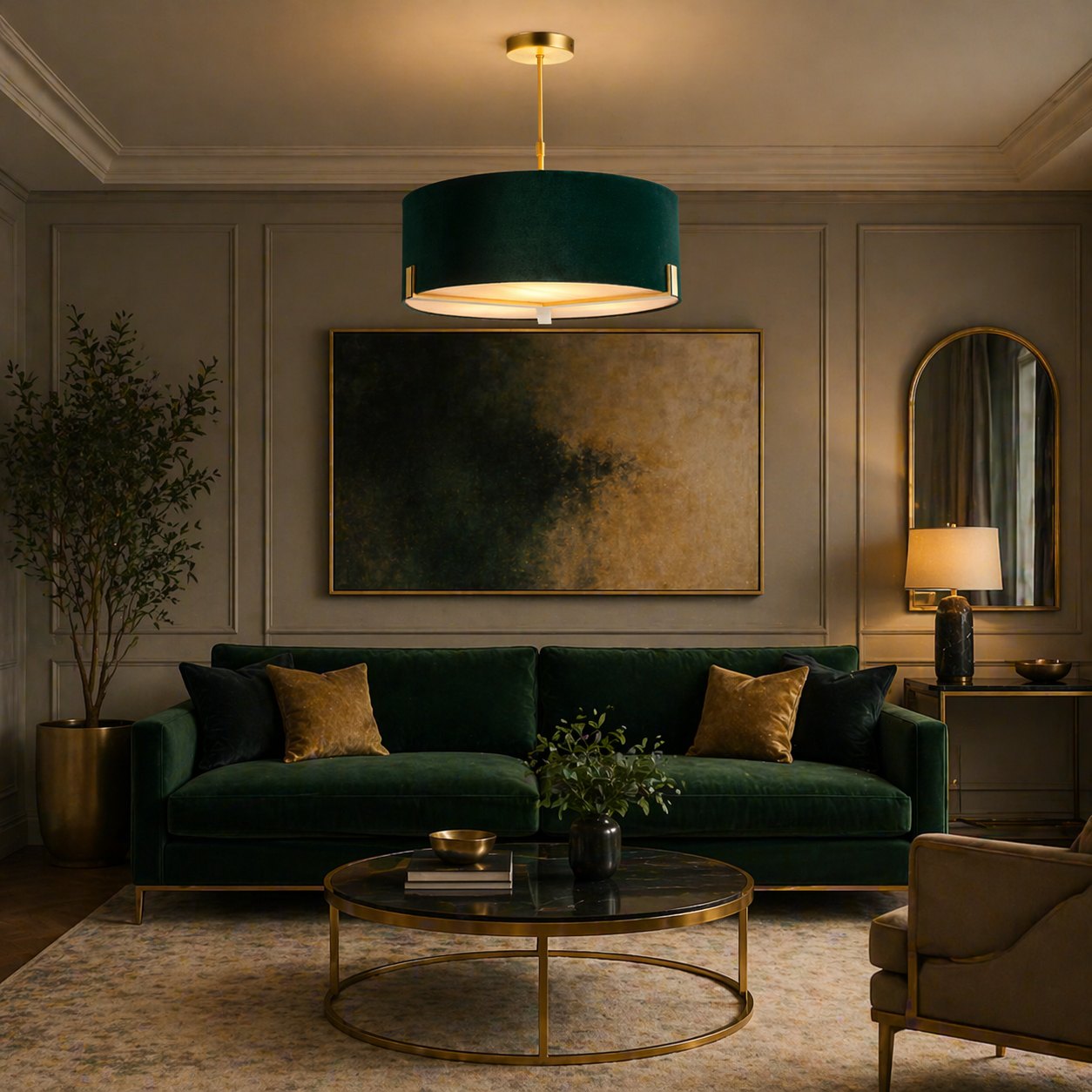 Luxurious living room with a green velvet sofa, round coffee table, and pendant light.