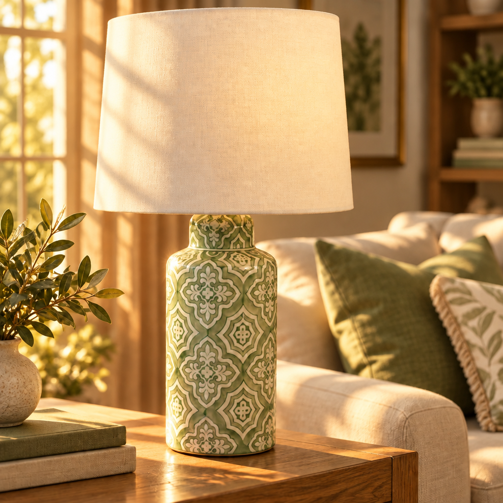 green & white ceramic table lamp in a living room