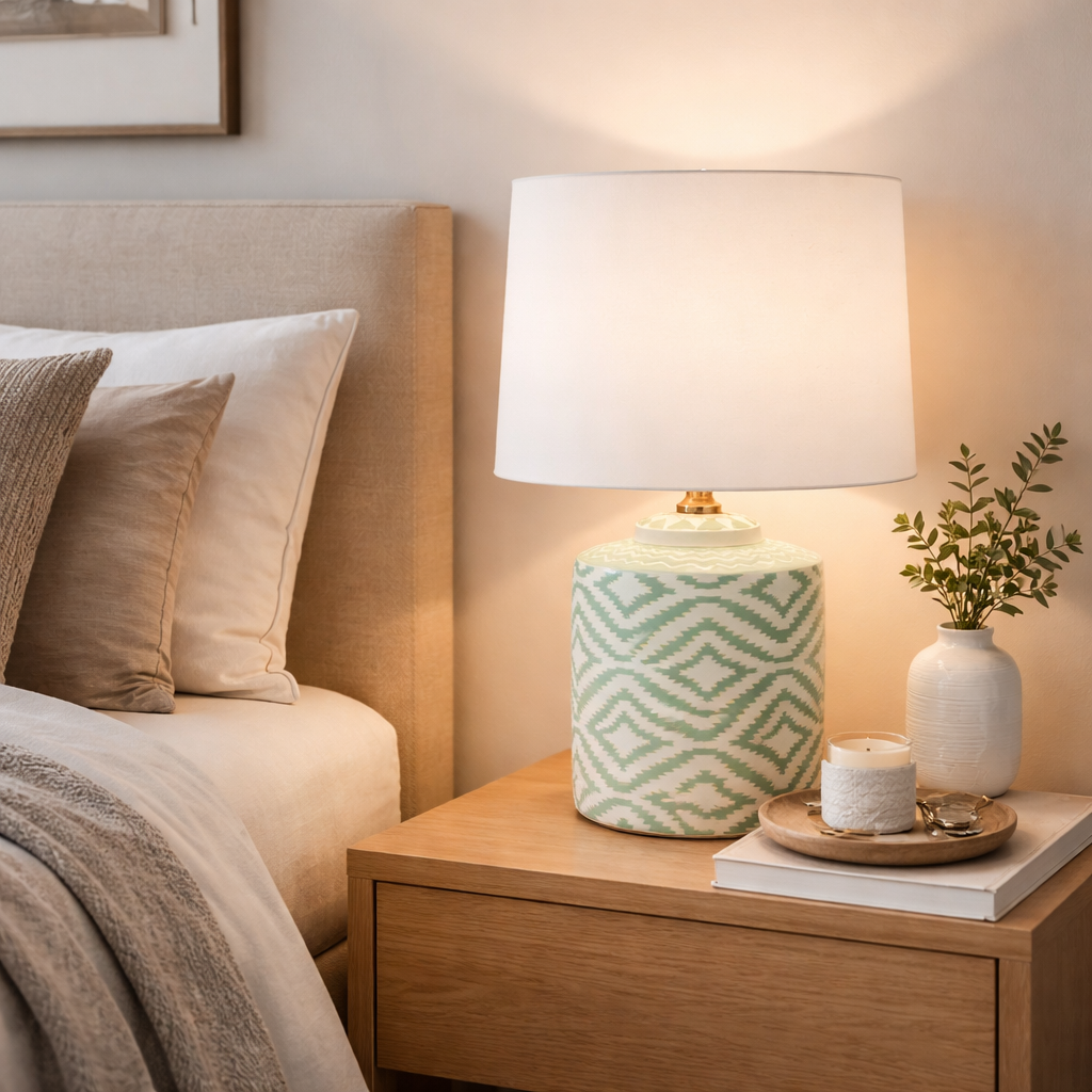 Pale green and white ceramic lamp with geometric design used as a bedside lamp on a wooden night stand. 