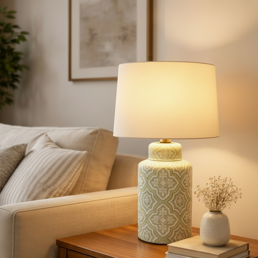 Green and white ceramic lamp and shade in a cosy sitting room environment on a side table. 
