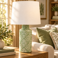 green & white ceramic table lamp with white shade in a living room