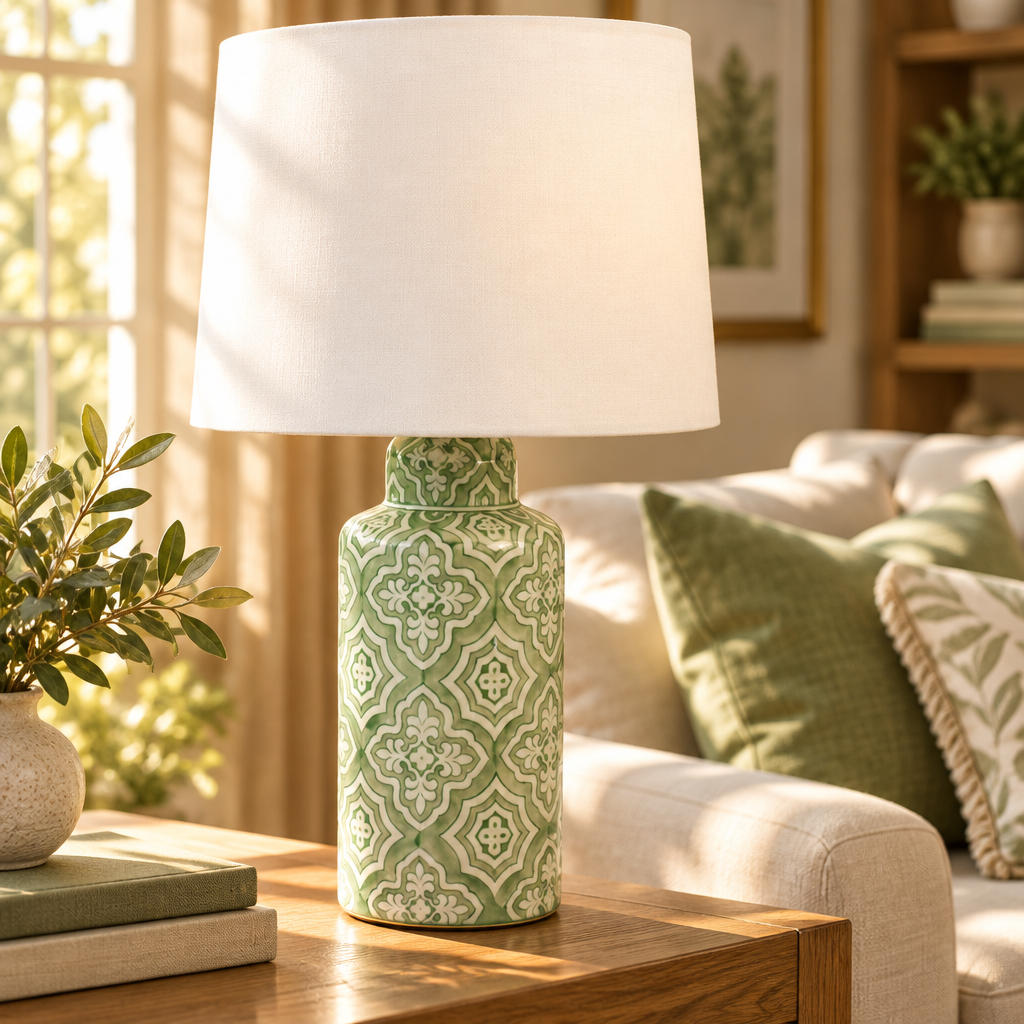 green & white ceramic table lamp with white shade in a living room