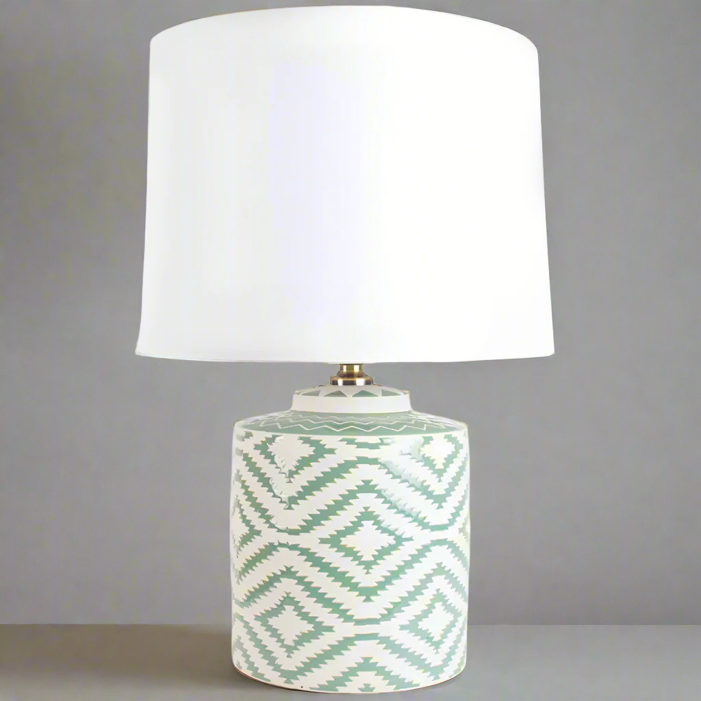 A sage green ceramic lamp base with geometric patterns topped with a white linen shade, displayed against a neutral background.