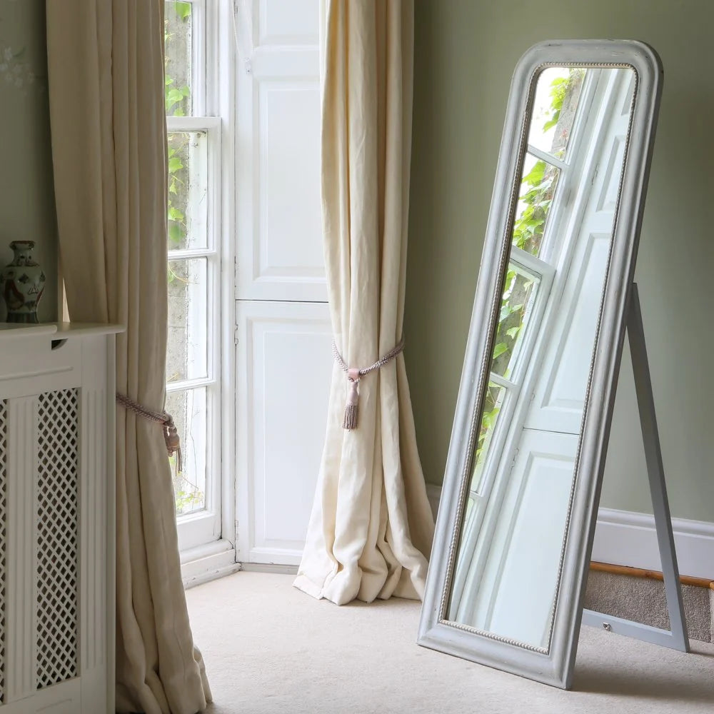 Tall light grey painted standing mirror with a pull out stand on the back. Look great in a vintage style bedroom, with a faded elegance theme