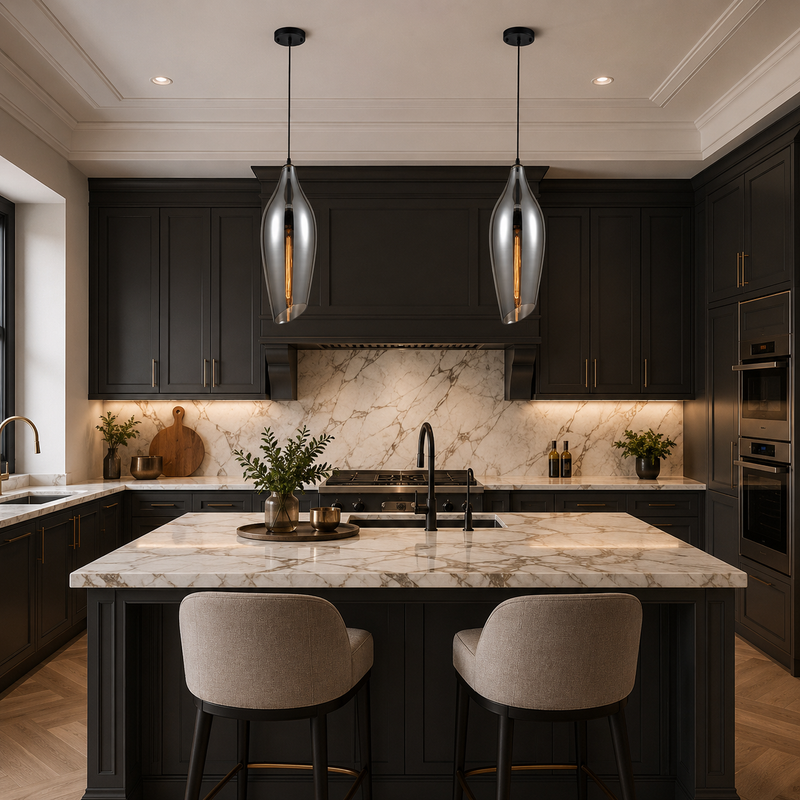 Two grey glass pendants over an kitchen island in a luxurious setting.