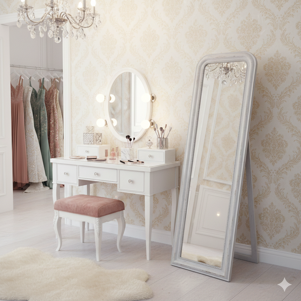 Displayed in a bedroom,  bedside a dressing table against a luxurious wallpaper and showing a chandelier and beautiful wardrobe.