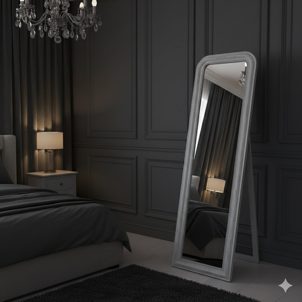Moody, grey paneled room with a soft grey standing mirror, chandelier, on a dark bedroom.
