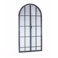Product image of grey arched window mirror with 'open door' feature, on white background.