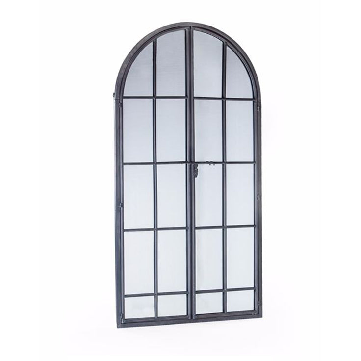 Product image of grey arched window mirror with 'open door' feature, on white background.
