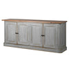 A long distressed grey wooden sideboard with four doors and an old pine unpainted top. A great piece for your period home, whether a mansion or a cottage this piece comes with its own history, in a distressed grey blue finish with an old pine surface. It already looks as if it has come out of an historical home. In the kitchen dining room or even in a living room this sideboard is practical, open the large doors to reveal the ample storage and adjustable shelving.&nbsp; It has a rustic charm that will work 