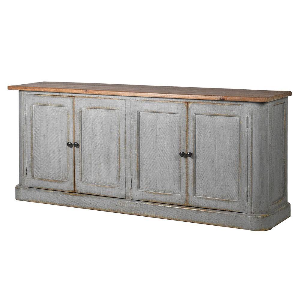 A long distressed grey wooden sideboard with four doors and an old pine unpainted top. A great piece for your period home, whether a mansion or a cottage this piece comes with its own history, in a distressed grey blue finish with an old pine surface. It already looks as if it has come out of an historical home. In the kitchen dining room or even in a living room this sideboard is practical, open the large doors to reveal the ample storage and adjustable shelving.&nbsp; It has a rustic charm that will work 