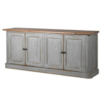 A long distressed grey wooden sideboard with four doors and an old pine unpainted top. A great piece for your period home, whether a mansion or a cottage this piece comes with its own history, in a distressed grey blue finish with an old pine surface. It already looks as if it has come out of an historical home. In the kitchen dining room or even in a living room this sideboard is practical, open the large doors to reveal the ample storage and adjustable shelving.&nbsp; It has a rustic charm that will work 