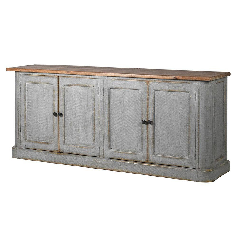 A long distressed grey wooden sideboard with four doors and an old pine unpainted top. A great piece for your period home, whether a mansion or a cottage this piece comes with its own history, in a distressed grey blue finish with an old pine surface. It already looks as if it has come out of an historical home. In the kitchen dining room or even in a living room this sideboard is practical, open the large doors to reveal the ample storage and adjustable shelving.&nbsp; It has a rustic charm that will work 