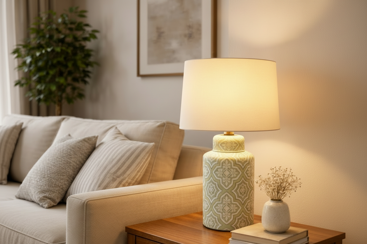 Green and white ceramic lamp and shade in a cosy sitting room environment on a side table. 