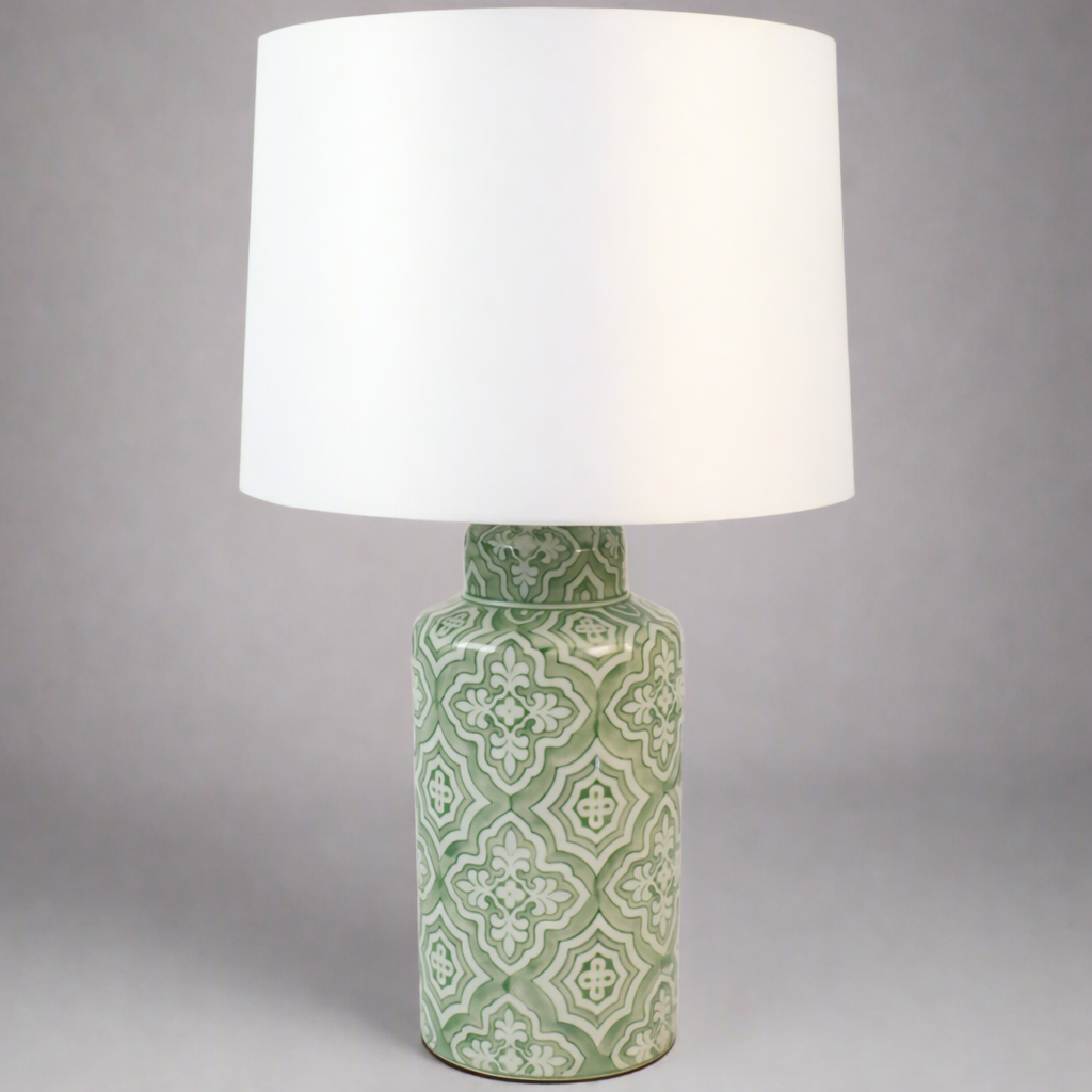 Table lamp with green patterned base and white shade on a gray background, living room or bedroom lamp.