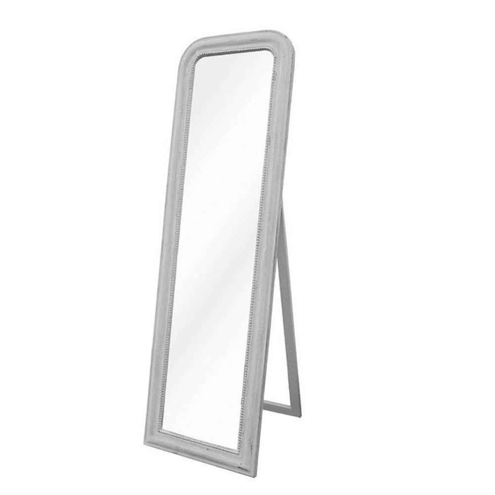 Tall light grey painted standing mirror with a pull out stand on the back. Look great in a vintage style bedroom, with a faded elegance theme. These dressing mirrors painted in a Scandi colouring which would look perfect in a dressing room.
