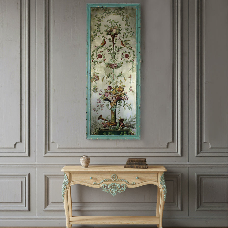 Tall. very ornate glass wall decoration in a vintage tableau, set in a turquoise frame.The most decorative way to enhance your walls, the vertical image on the glass features a classical, ornate floral design echoing the 18th and 19th century neoclassical styles.Swags and swirls of floral decorations with birds to the centre and a large decorative vase to the base full of tall blooms.Exceptional vintage look with a colourful, romantic aesthetic.