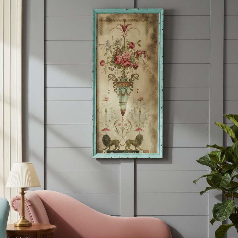 A tall, glass decorative wall hanging, in a distressed turquoise frame, the swags and floral detail on the distressed glass panel have a neoclassical look.The floral decoration has a faded grandeur and really gives the overall interior a vintage feel.The colours range from the deep pink of the flowers, the aqua blue of the vase and the two dark outward facing heraldic lions at the base of the panel, all together giving the appearance of a rococo revival decoration of earlier times.