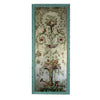 Tall. very ornate glass wall decoration in a vintage tableau, set in a turquoise frame.The most decorative way to enhance your walls, the vertical image on the glass features a classical, ornate floral design echoing the 18th and 19th century neoclassical styles.&nbsp; Swags and swirls of floral decorations with birds to the centre and a large decorative vase to the base full of tall blooms. Exceptional vintage look with a colourful, romantic aesthetic.