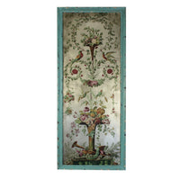Tall. very ornate glass wall decoration in a vintage tableau, set in a turquoise frame.The most decorative way to enhance your walls, the vertical image on the glass features a classical, ornate floral design echoing the 18th and 19th century neoclassical styles.&nbsp; Swags and swirls of floral decorations with birds to the centre and a large decorative vase to the base full of tall blooms. Exceptional vintage look with a colourful, romantic aesthetic.