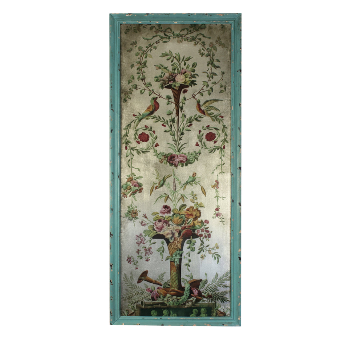 Tall. very ornate glass wall decoration in a vintage tableau, set in a turquoise frame.The most decorative way to enhance your walls, the vertical image on the glass features a classical, ornate floral design echoing the 18th and 19th century neoclassical styles.&nbsp; Swags and swirls of floral decorations with birds to the centre and a large decorative vase to the base full of tall blooms. Exceptional vintage look with a colourful, romantic aesthetic.