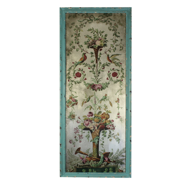 Tall. very ornate glass wall decoration in a vintage tableau, set in a turquoise frame.The most decorative way to enhance your walls, the vertical image on the glass features a classical, ornate floral design echoing the 18th and 19th century neoclassical styles.&nbsp; Swags and swirls of floral decorations with birds to the centre and a large decorative vase to the base full of tall blooms. Exceptional vintage look with a colourful, romantic aesthetic.