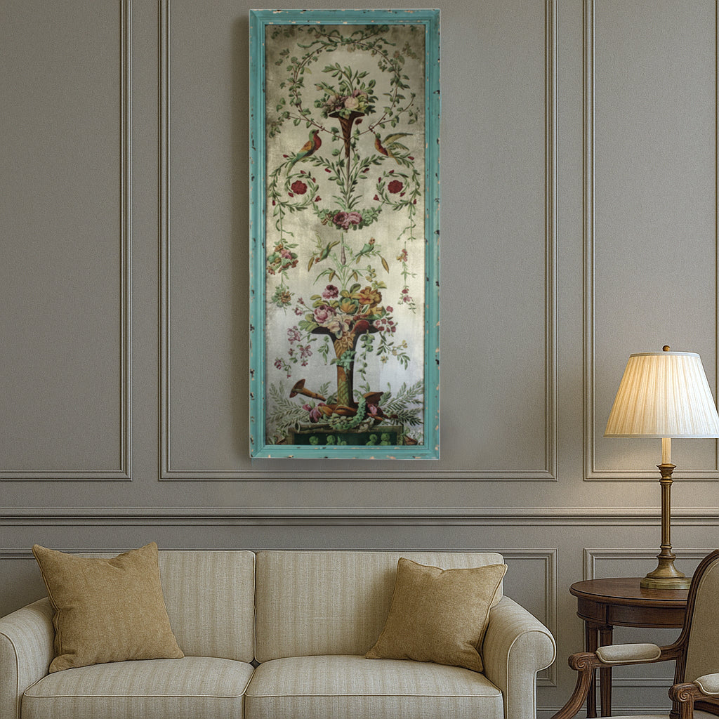 Tall. very ornate glass wall decoration in a vintage tableau, set in a turquoise frame. The most decorative way to enhance your walls, the vertical image on the glass features a classical, ornate floral design echoing the 18th and 19th century neoclassical styles.Swags and swirls of floral decorations with birds to the centre and a large decorative vase to the base full of tall blooms Exceptional vintage look with a colourful, romantic aesthetic.