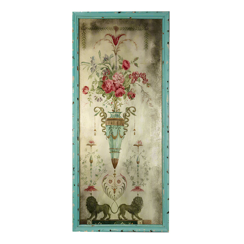 A tall, glass decorative wall hanging, in a distressed turquoise frame, the swags and floral detail on the distressed glass panel have a neoclassical look.The floral decoration has a faded grandeur and really gives the overall interior a vintage feel. The colours range from the deep pink of the flowers, the aqua blue of the vase and the two dark outward facing heraldic lions at the base of the panel, all together giving the appearance of a rococo revival decoration of earlier times.