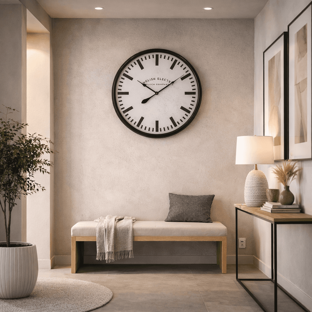 Modern hall interior with large clock on the wall. 