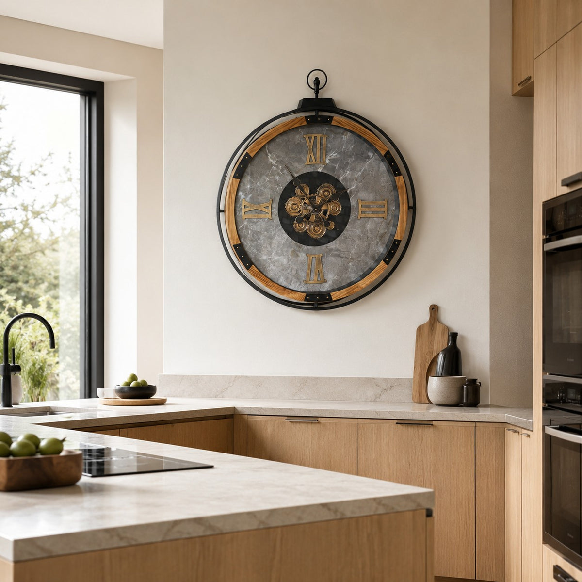 A large round wall clock with a gray stone-textured face, black frame, and gold Roman numerals hanging on a beige wall in a modern kitchen.
