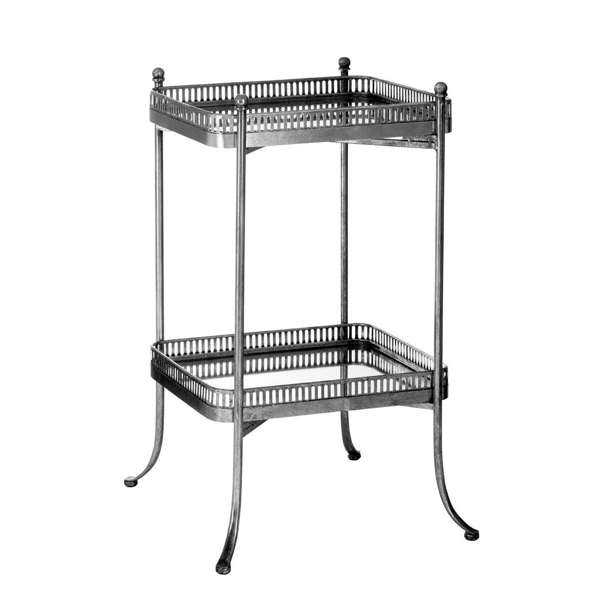 This silver iron and mirrored two-tier side table combines strength with refined detailing. Its slim, decorative frame and reflective surfaces make it a practical yet elegant addition to living rooms