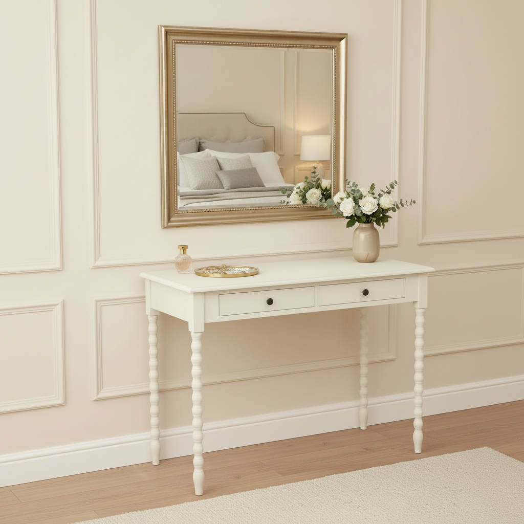 Ivory painted dressing table with two drawers and turned legs in a bedroom
